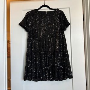 Lulu's Taking a Shine Black Sequin Tiered Mini Shift Dress